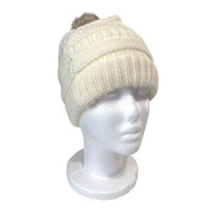 C.C Womens Ribbed Knit Beanie Hat With Faux Fur Pom Ivory One Size